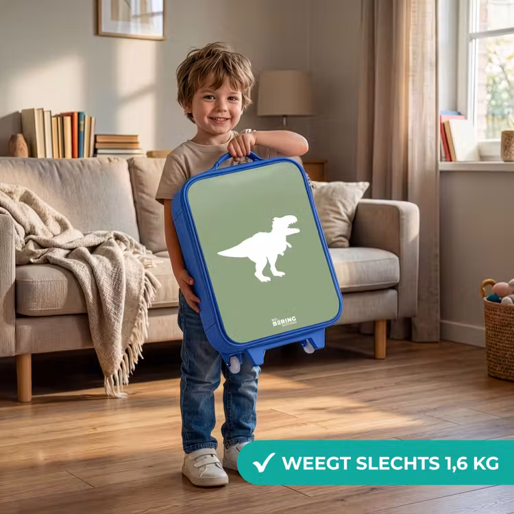 Groen met T-rex dino Kinderkoffer - Blauw klein -sfeer2_NL