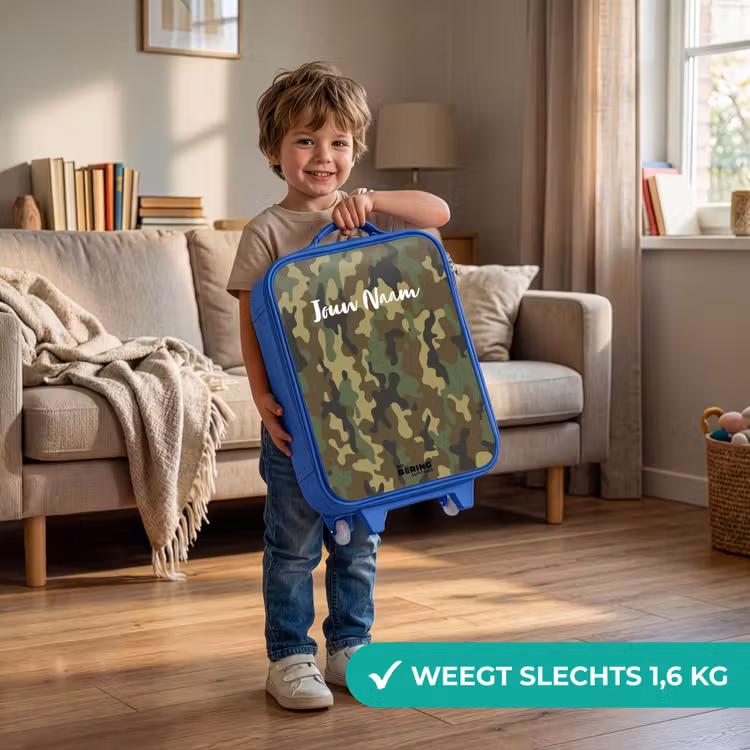 Groene camouflage met zandkleur Kinderkoffer - Blauw klein -sfeer2_NL