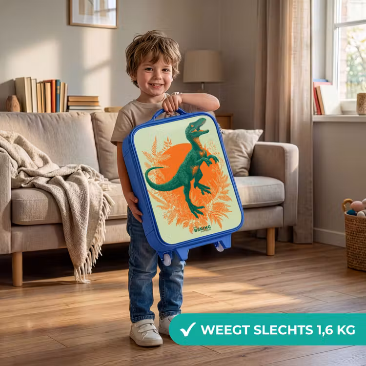 Groene dino tussen varens Kinderkoffer - Blauw klein -sfeer2_NL