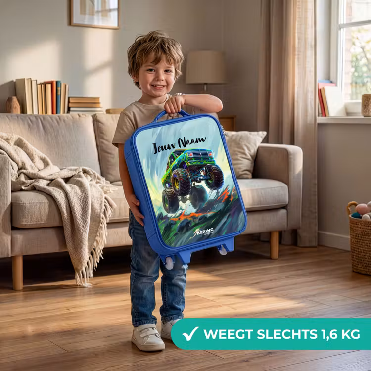 Groene Monstertruck met Penseelstreken Kinderkoffer - Blauw klein -sfeer2_NL