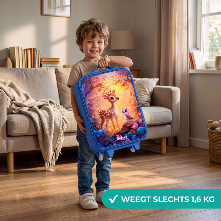 Hertje en uil in een roze sprookjesbos Kinderkoffer - Blauw klein -sfeer2_NL