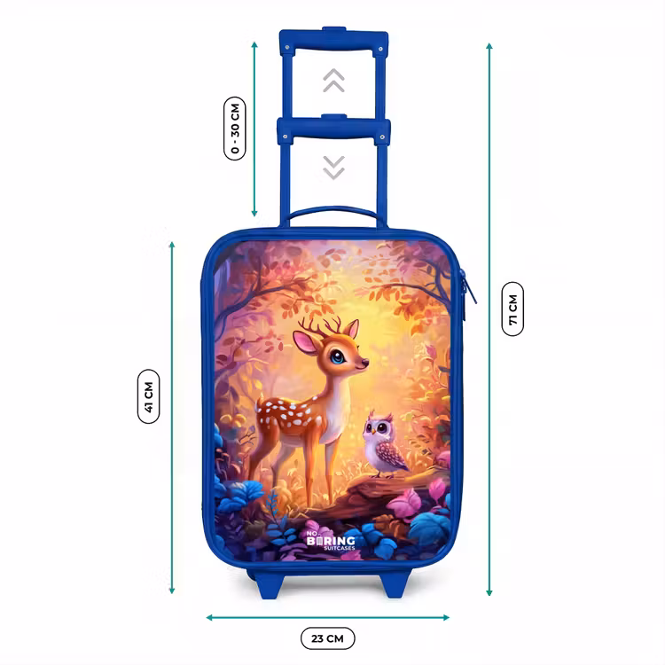 Hertje en uil in een roze sprookjesbos Kinderkoffer - Blauw klein -productfoto_formaten