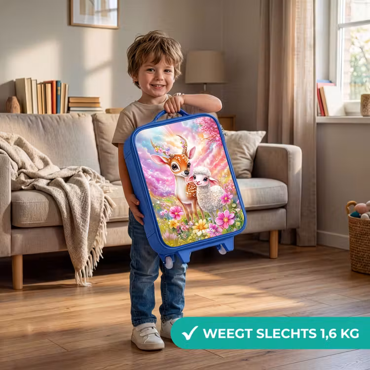 Hertje met een lammetje in pastelbloemenveld Kinderkoffer - Blauw klein -sfeer2_NL