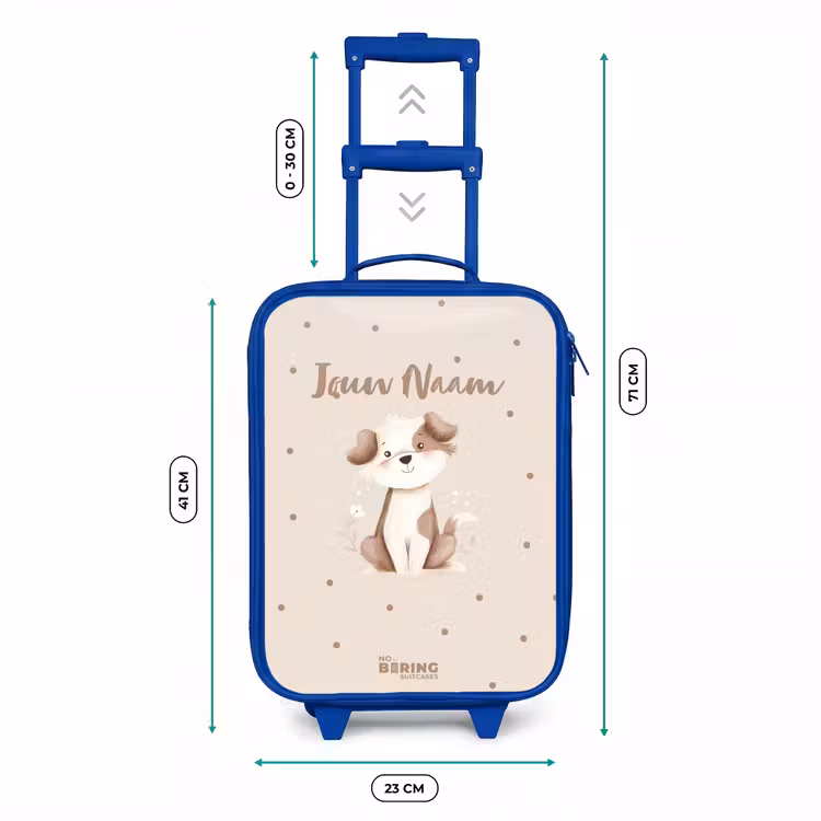 Honden pup omringd door bruine stippen Kinderkoffer - Blauw klein -productfoto_formaten