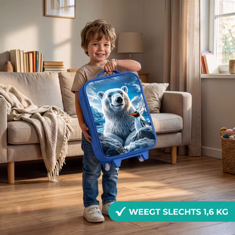 IJsbeer en pinguïn in besneeuwd berglandschap Kinderkoffer - Blauw klein -sfeer2_NL