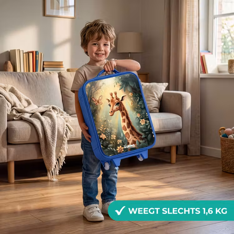 Jonge giraf tussen bloemen in zonnig woud Kinderkoffer - Blauw klein -sfeer2_NL