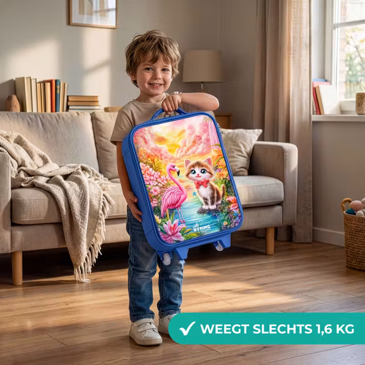 Kitten met flamingo in tropisch bloemenparadijs Kinderkoffer - Blauw klein -sfeer2_NL