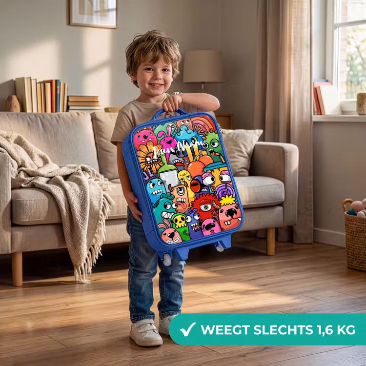 Knallende gekleurde monsters Kinderkoffer - Blauw klein -sfeer2_NL
