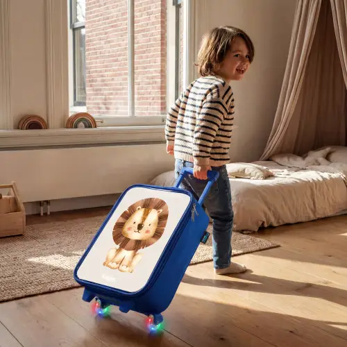 Leeuw illustratie met beige achtergrond Kinderkoffer - Blauw klein -sfeer1