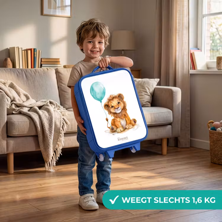 Leeuw met blauwe ballon Kinderkoffer - Blauw klein -sfeer2_NL