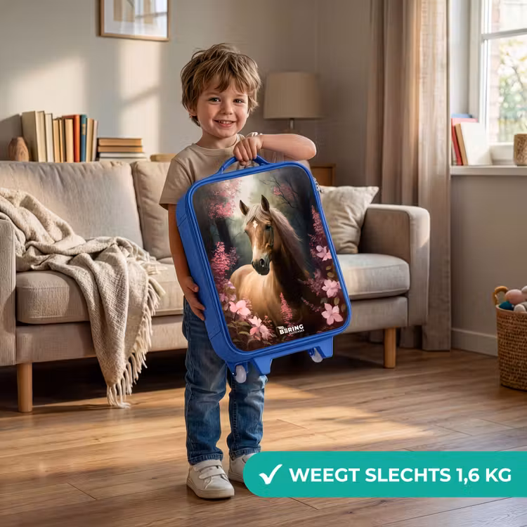 Lichtbruin paard tussen de roze bloemen Kinderkoffer - Blauw klein -sfeer2_NL