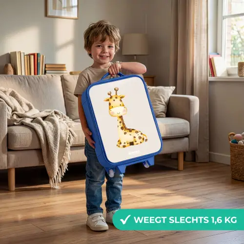 Liggende giraffe illustratie op beige achtergrond Kinderkoffer - Blauw klein -sfeer2_NL