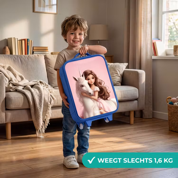 Meisje met witte eenhoorn op roze achtergrond Kinderkoffer - Blauw klein -sfeer2_NL