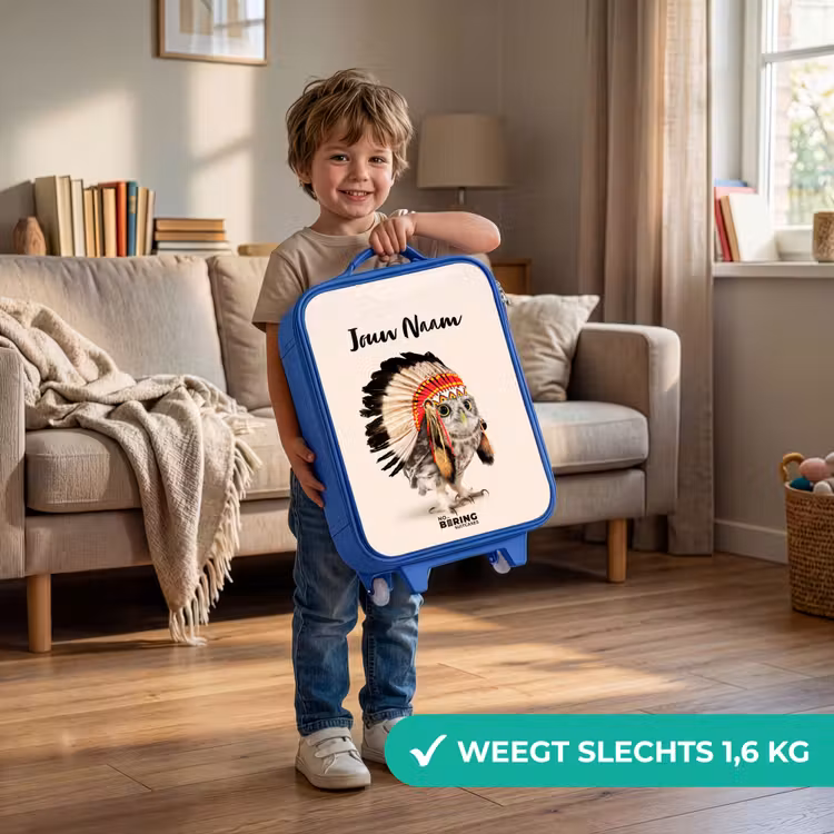 Uil als Indiaan Kinderkoffer - Blauw klein -sfeer2_NL