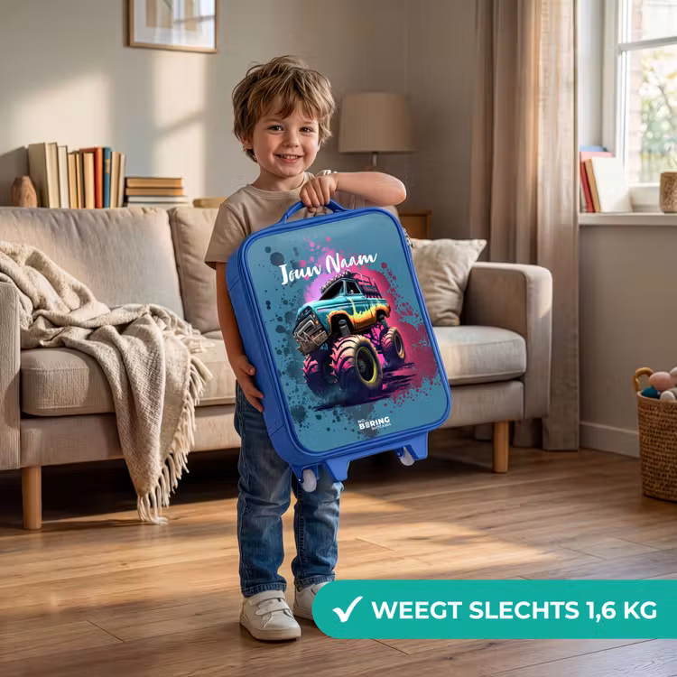 Monster Wheels Kinderkoffer - Blauw klein -sfeer2_NL