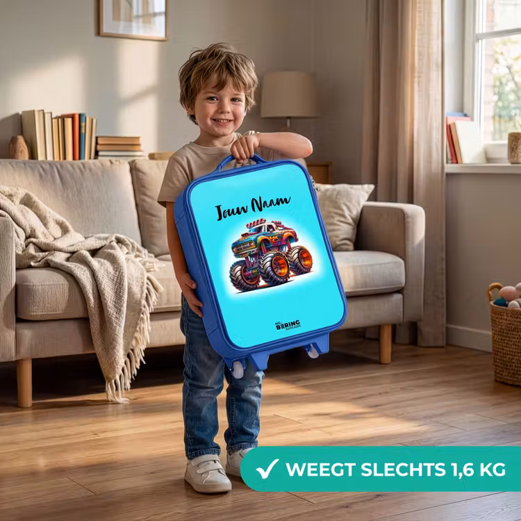 Monstertruck op Lichtblauwe Achtergrond Kinderkoffer - Blauw klein -sfeer2_NL