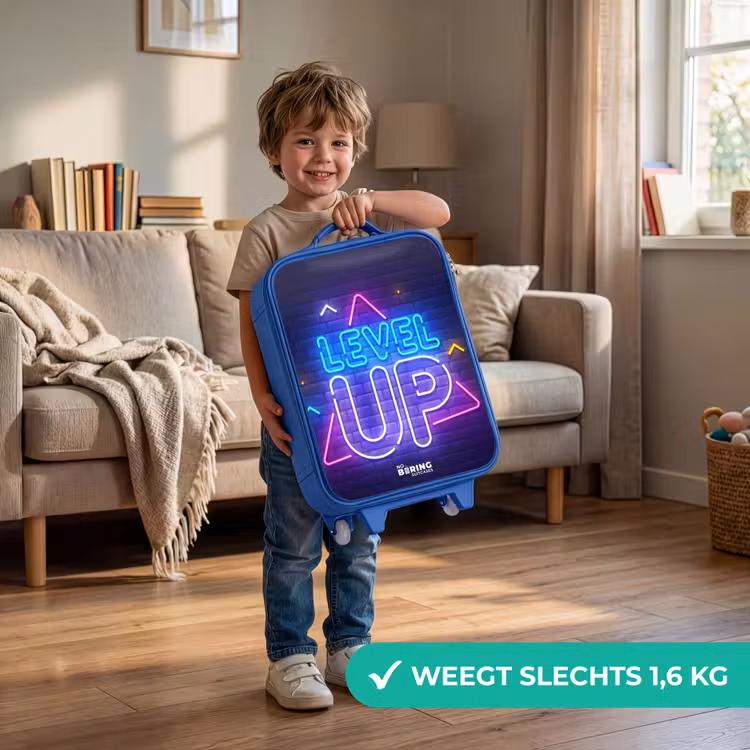 Neonletters op een bakstenen muur Kinderkoffer - Blauw klein -sfeer2_NL