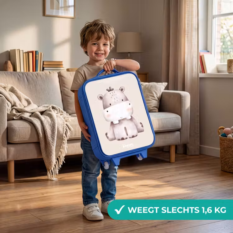 Nijlpaard op beige achtergrond illustratie Kinderkoffer - Blauw klein -sfeer2_NL