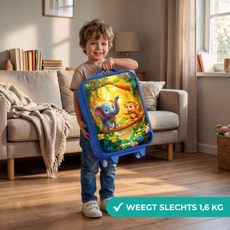 Olifant en aapje in kleurrijke jungle Kinderkoffer - Blauw klein -sfeer2_NL