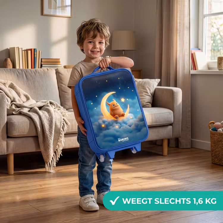 Oranje monster op maansikkel Kinderkoffer - Blauw klein -sfeer2_NL