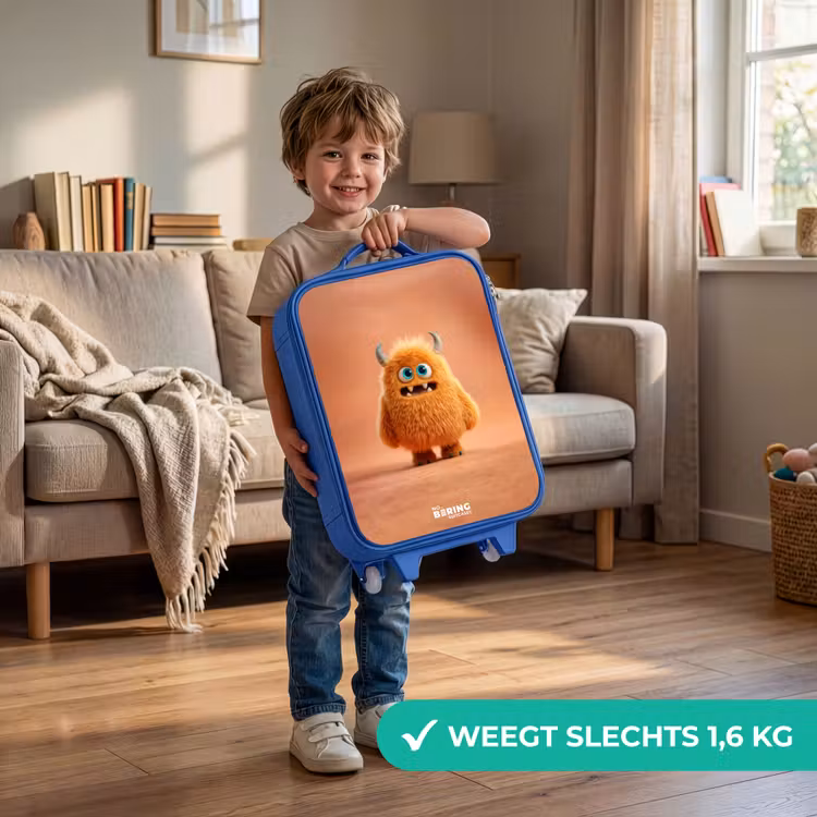 Oranje Pluizig Monster met Hoorns Kinderkoffer - Blauw klein -sfeer2_NL
