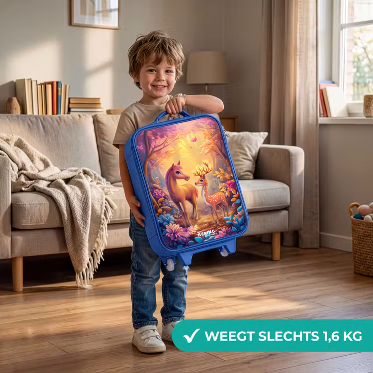 Paard en hert in een roze sprookjesbos Kinderkoffer - Blauw klein -sfeer2_NL
