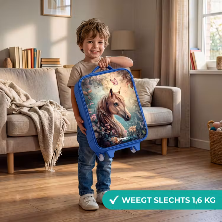 Paard met vlinders in bloementuin Kinderkoffer - Blauw klein -sfeer2_NL