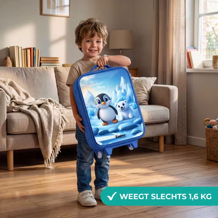 Pinguïn en ijsbeertje op ijsschotsen Kinderkoffer - Blauw klein -sfeer2_NL