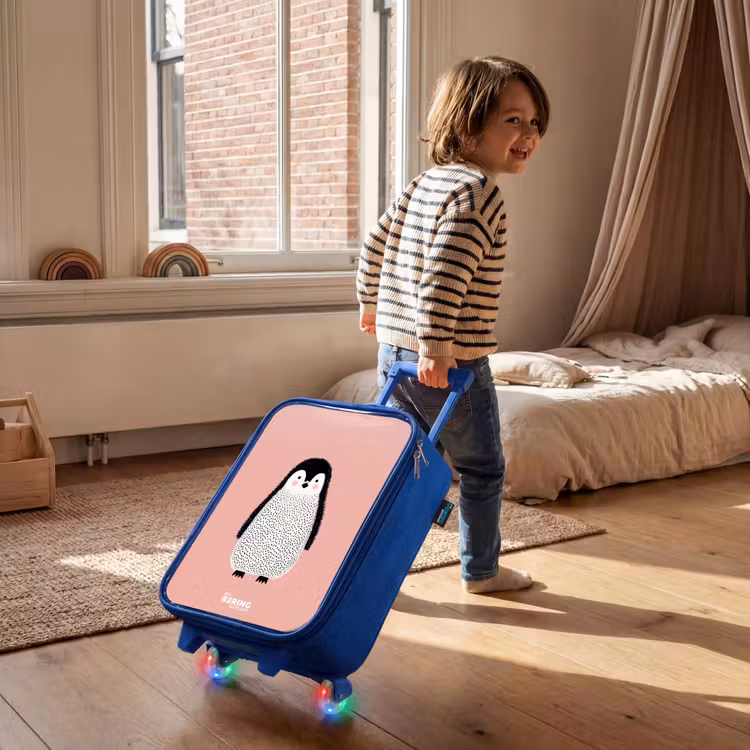 Pinguïn - Stippen - Roze - Minimalistisch Kinderkoffer - Blauw klein -sfeer1