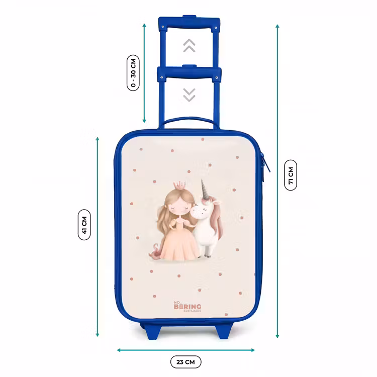 Prinses en een eenhoorn in pastel kleuren Kinderkoffer - Blauw klein -productfoto_formaten