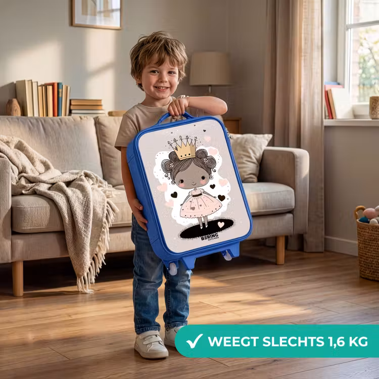 Prinses op gekleurde achtergrond met roze en zwarte hartjes Kinderkoffer - Blauw klein -sfeer2_NL
