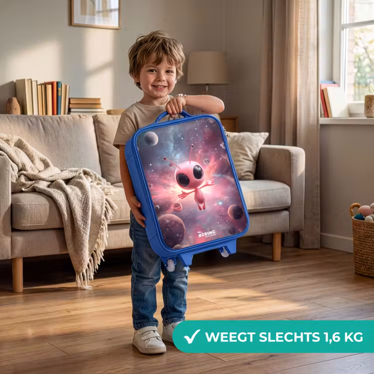 Roze Alien in Sterrennevel Kinderkoffer - Blauw klein -sfeer2_NL