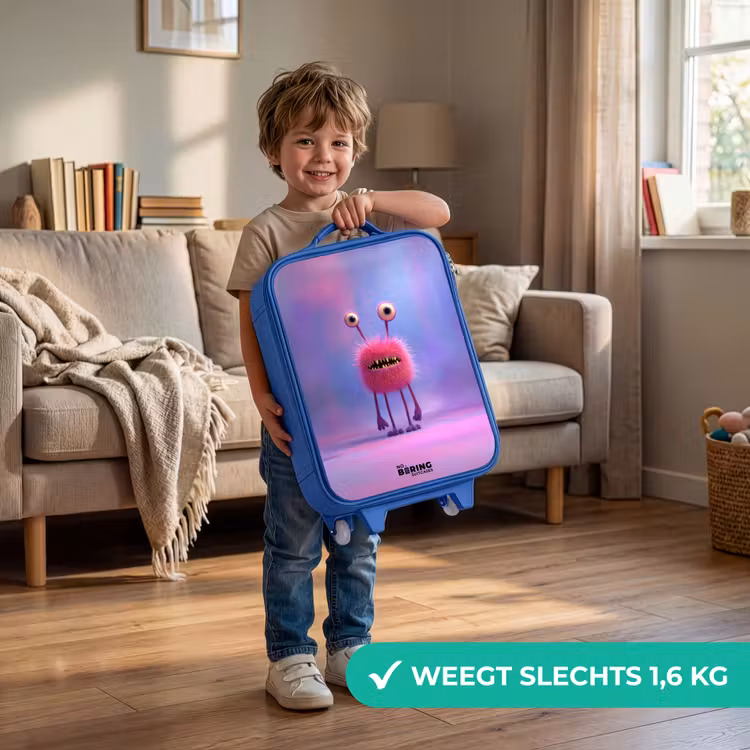 Roze harig monster met grote ogen Kinderkoffer - Blauw klein -sfeer2_NL