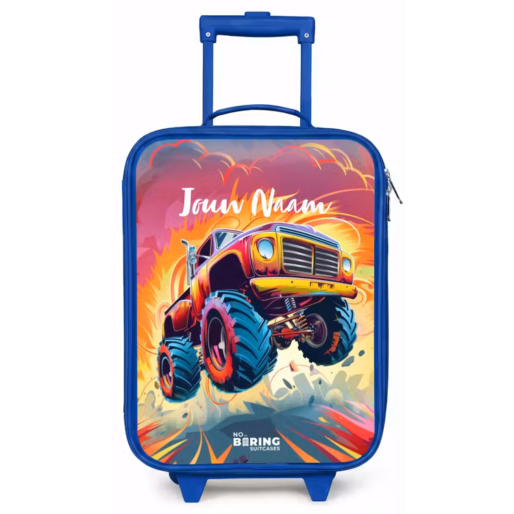 Roze Monstertruck Vliegt over het Asfalt Kinderkoffer - Blauw klein -zz3dotto