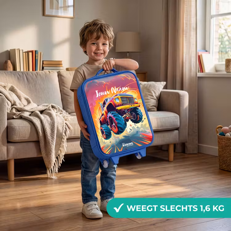 Roze Monstertruck Vliegt over het Asfalt Kinderkoffer - Blauw klein -sfeer2_NL