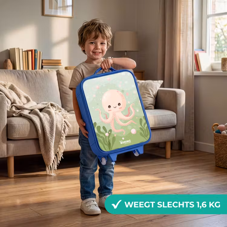Roze octopus met een lach Kinderkoffer - Blauw klein -sfeer2_NL