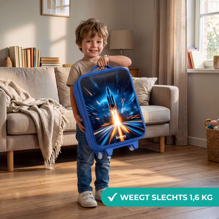 Ruimteraket stijgt op in nachtelijk lichtspektakel Kinderkoffer - Blauw klein -sfeer2_NL