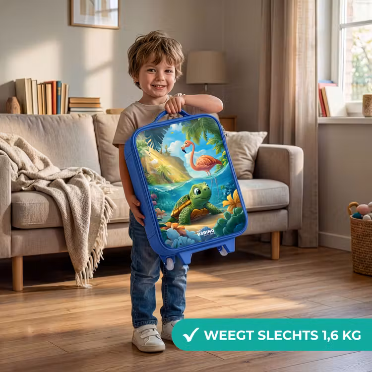 Schildpad in tropisch water met flamingo Kinderkoffer - Blauw klein -sfeer2_NL