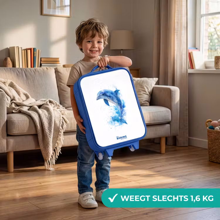 Springende blauwe dolfijn Kinderkoffer - Blauw klein -sfeer2_NL