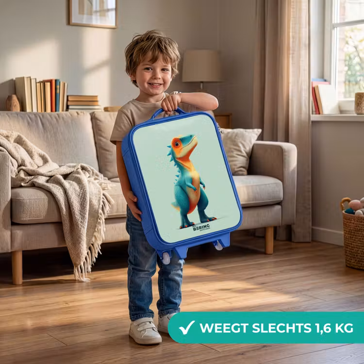 Stoere dino met grote ogen Kinderkoffer - Blauw klein -sfeer2_NL