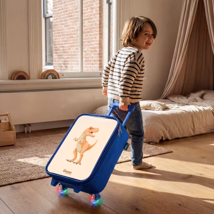 T-rex dino in oranje kleuren Kinderkoffer - Blauw klein -sfeer1