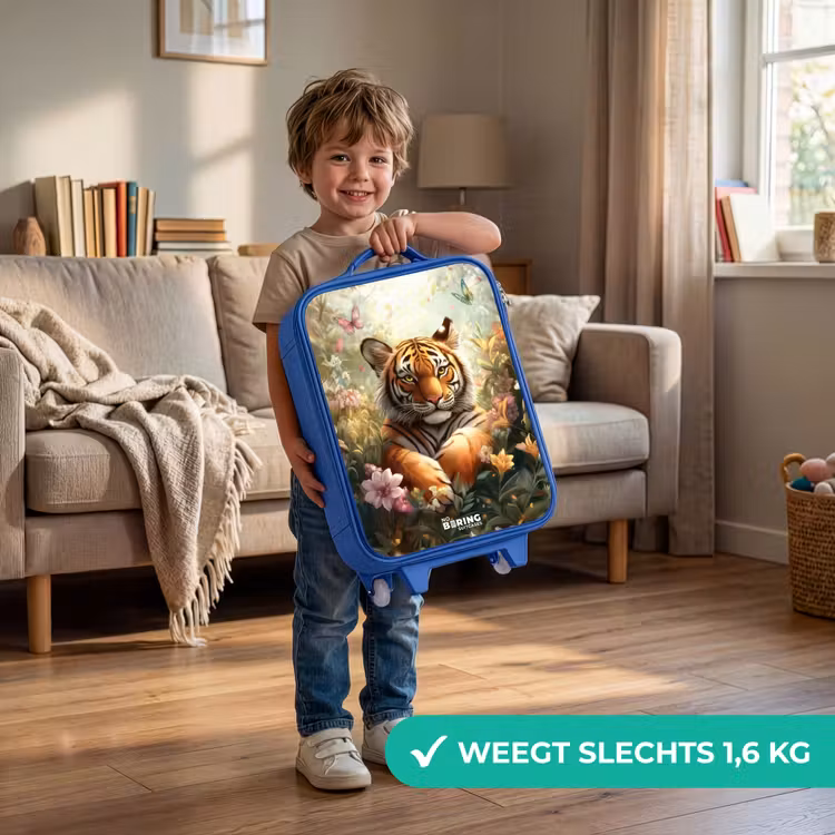 Tijger in bloemenveld met vlinders en zonlicht Kinderkoffer - Blauw klein -sfeer2_NL
