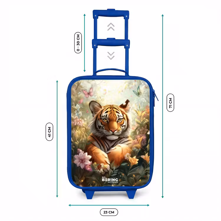 Tijger in bloemenveld met vlinders en zonlicht Kinderkoffer - Blauw klein -productfoto_formaten