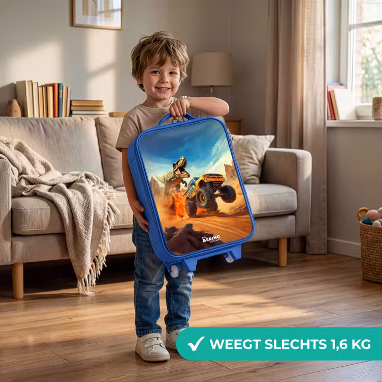 Vluchtende truck voor T-Rex in vurige woestijn Kinderkoffer - Blauw klein -sfeer2_NL