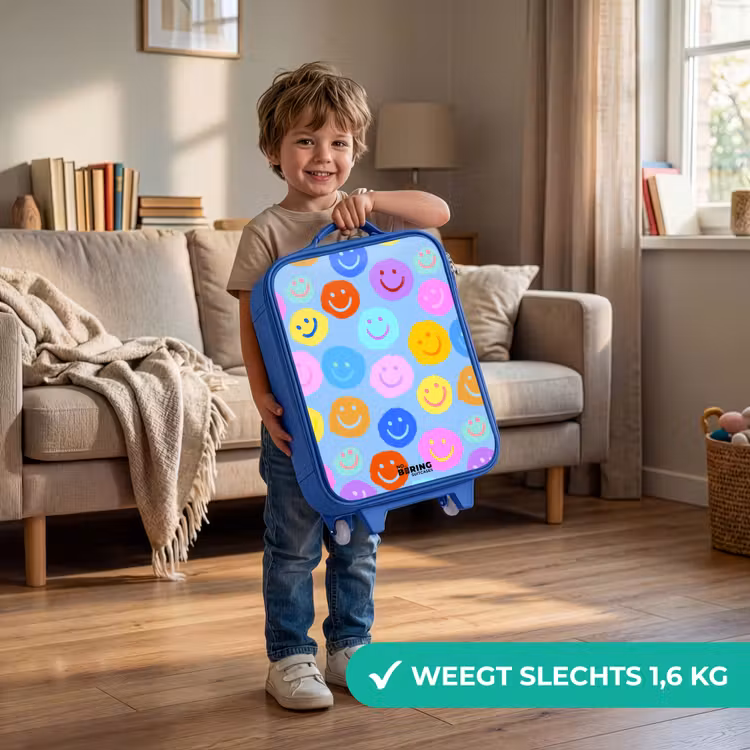 Vrolijk patroon van smileys Kinderkoffer - Blauw klein -sfeer2_NL