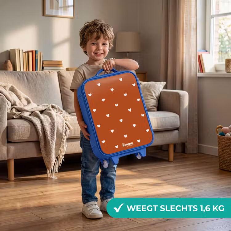 Wit hartjespatroon op oranje bruine achtergrond Kinderkoffer - Blauw klein -sfeer2_NL
