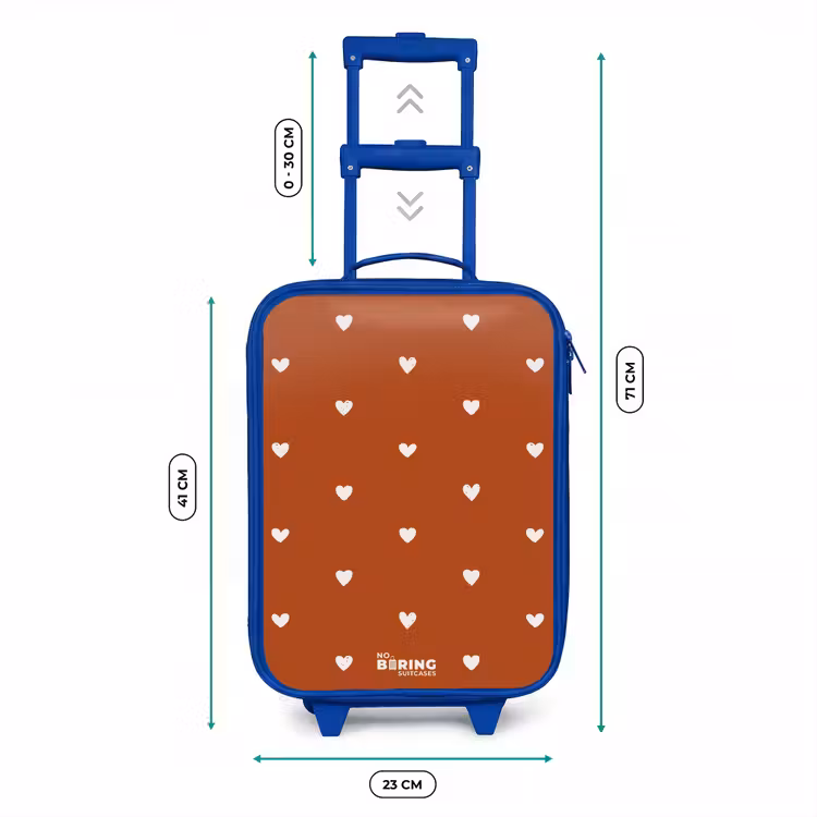Wit hartjespatroon op oranje bruine achtergrond Kinderkoffer - Blauw klein -productfoto_formaten