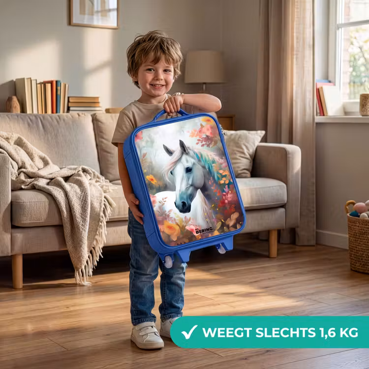 Wit paard omringd door bloemen Kinderkoffer - Blauw klein -sfeer2_NL