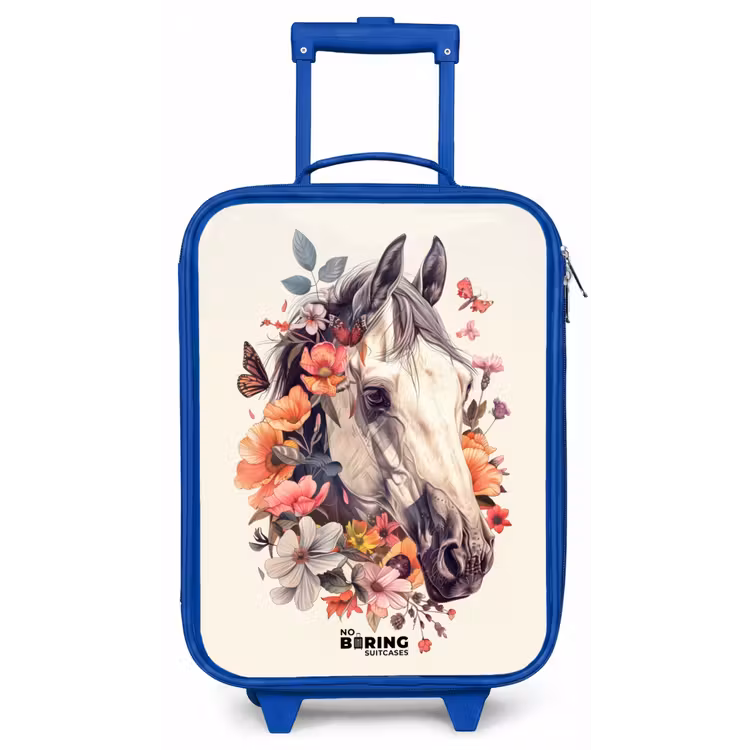 Wit paardenhoofd omringd door bloemen en vlinders Kinderkoffer - Blauw klein -zz3dotto