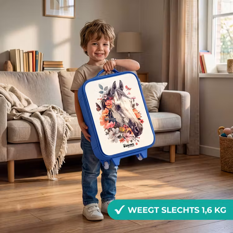 Wit paardenhoofd omringd door bloemen en vlinders Kinderkoffer - Blauw klein -sfeer2_NL